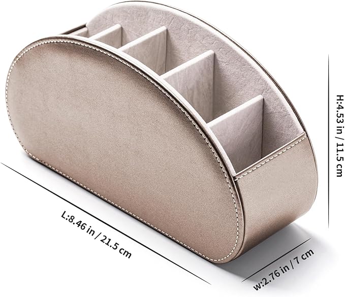 Remote Control Holders Organizer Box with 5 Compartment PU Leather Multi-functional Office Desk Storage Caddy Store Tv Remote for Media Player,Brush,Pencil,Glassees&Office Supplies (Champagne silver)