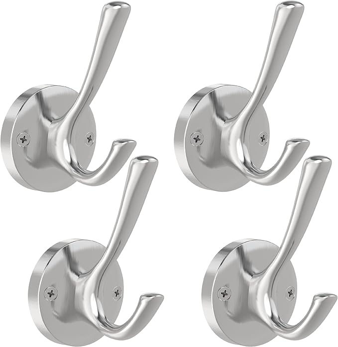 TOFIIGREM Brushed Nickel Wall Hooks, 4 Pack Heavy Duty Coat Towel Hook Metal Double Hook Wall Mounted Hanging, Bath Towel Hooks for Entryway Cubicle Bathroom Closet Garage