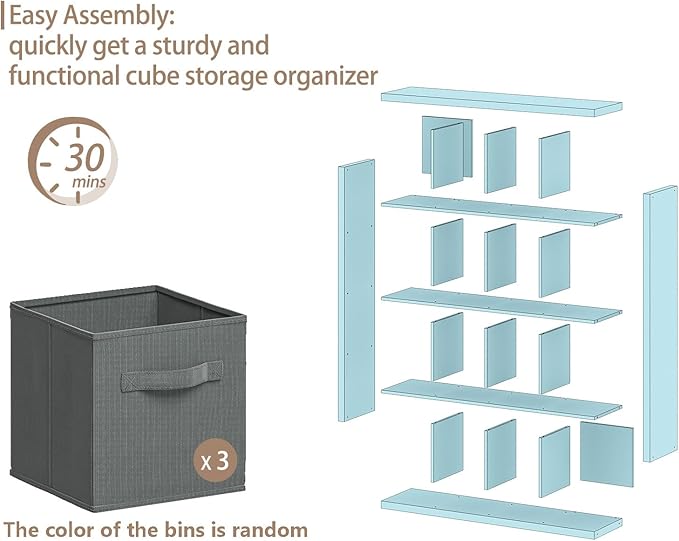 furtble Bookshelf with Storage Bins, 16-Cube Storage Organizer with Back Panels, Modern Wood Open Bookcase, Multifunctional Display Shelf for Living Room, Bedroom, Home Office, White