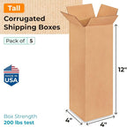 Tall Moving & Shipping Boxes 4 x 4 x 12 inches (5-Pack) - Extra Strength 200 lb vs Regular - Corrugated Moving Boxes for USPS/UPS/FEDEX - Box for Packaging Moving - Shipping Box by IDL Packaging