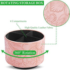 Hennaja Round Leather Art Supply Organizer,Remote Control Holder,360 Degree Spinning,Multi-Functional Pencil Holder,4 Compartments Desktop Stationary Organizer(1-Carved Pink)