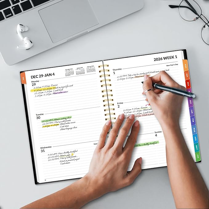 SUNEE 2026 Weekly and Monthly Planner - from January 2026 - December 2026, Daily Agenda Planner with Monthly Tab, Flexible Cover, Note Pages, Pockets, Bookmark, Spiral Binding, Black, 6.4" x 8.3"