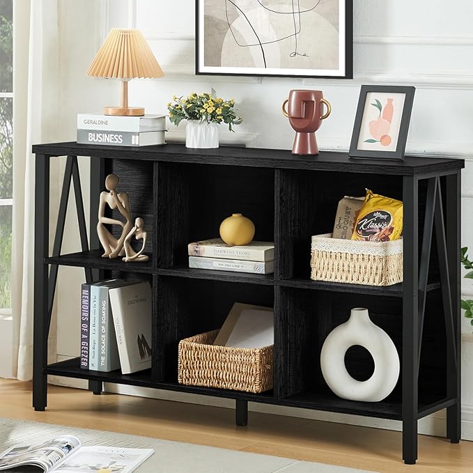 HOMISSUE Cube Storage Organizer Shelf, Rustic Short Wide Bookshelf with 6 Cubes, Industrial Low Cubby Bookcase with 3-Tier Shelves, Horizontal Book Case for Living Room, Office, Black
