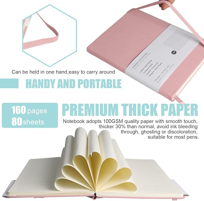 EMOMAS Lined Journal Notebook, 6Pack Hardcover Notebook for Men & Women – Journals for Writing, Work, School, Home & Daily Notes, 160 Pages – Medium A5, 5.7"x8", 100 gsm Thick Paper (pink)