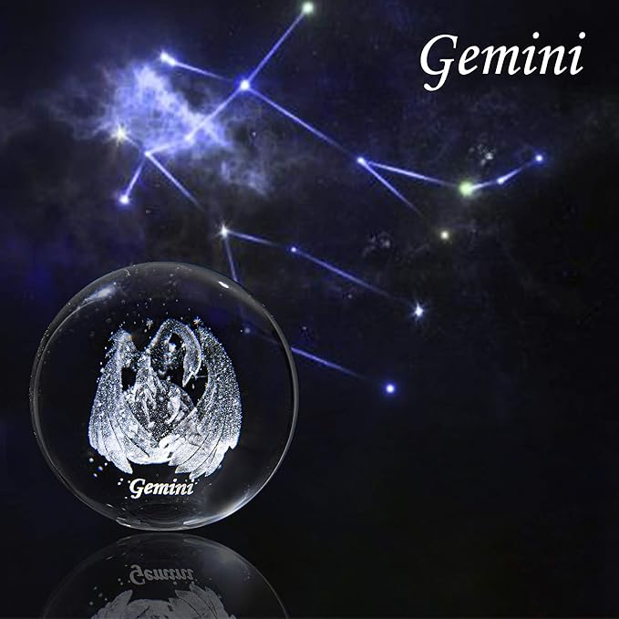 3D Constellation Crystal Ball 60mm Crystal Paperweight Full Sphere Glass Fengshui with Sliver-Plated Flowering Stand(Gemini)
