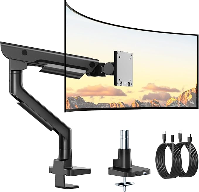 monTEK Sleek Aluminum Monitor Arm for 17–57” Ultrawide Screens up to 59.4 lbs, USB 3.0 A/C, Heavy Duty Single Monitor Arm Desk Mount, Pneumatic Lift, Quick-Release Plate, Clamp/Grommet, VESA 100x100