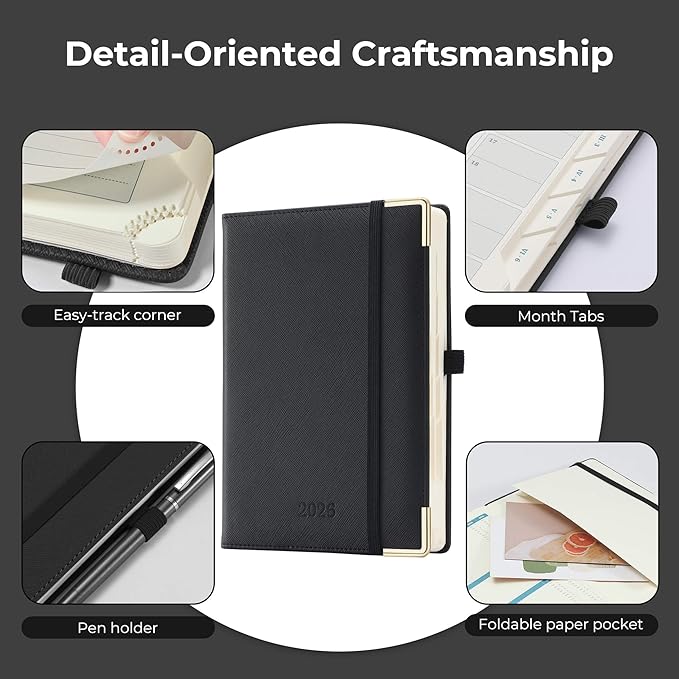 IN-luxpro Daily Planner 2026 with One Page Per Day,(A5-8.5" x 5.9"),12 Months Calendar Hourly Appointment Book Monthly Tabs & Self-adhesive Pen Holder,Inner Pocket, Vegan Leather Hardback,Black