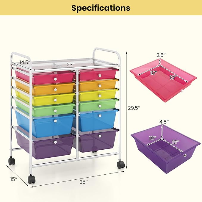 LDAILY 12 Drawer Rolling Storage Cart, Craft Cart Organizer on Wheels w/Metal Frame, Large Capacity & Smooth Drawer, Rolling Cart w/Drawers for Classroom, Office