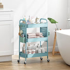 KINGRACK 3 Tier Rolling Cart with DIY Hanging Board, Metal Rolling Utility Cart with Wheels Handles Baskets Hooks, Rolling Storage Cart Suitable for Bathroom, Kitchen, Office, Nursery Diaper（Blue）