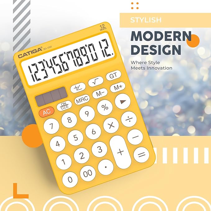CATIGA 12 Digit Desktop Calculator Basic Desk Calculator with Large LCD Display, Big Buttons, 4 Function, Solar and Battery Dual Power, for Office, School, Home, SD-1292 Yellow
