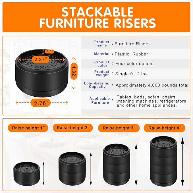 Furniture Risers Bed Risers Heavy Duty 1 inch, 2 inch, 3 inch, 4 inch Round Adjustable Bed Lifts Riser for Desk Legs Table Couch Sofa Chair Refrigerator Washing Machine (1+1+1 Inch, Black, 6 Pack )