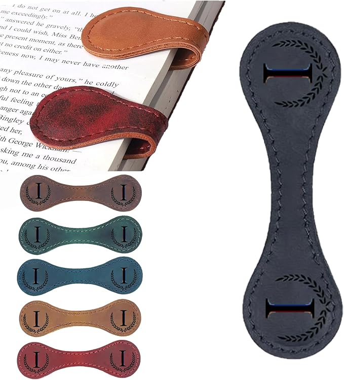 Personalized Magnetic Leather Bookmark, 26 Letters Custom Leather Bookmarks, Handmade, Leather Magnetic Bookmark for Book Lovers Readers Women Kid(Black，I）