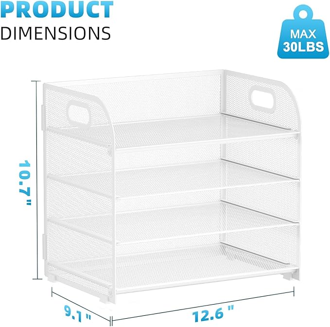 Marbrasse 2 Pack 4 Tier Paper Organizer Letter Tray - Mesh Desk File Organizer with Handle, Paper Sorter Organizer for Letter/A4 Office File Folder Holder (White, 12.6" x 9.1" x 10.7")