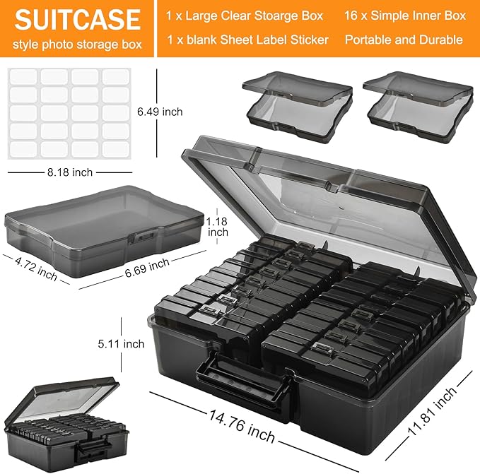 ALINK Photo Storage Box with Handle, 4" x 6" Photo Organizer Storage Container with 16 Inner Case and 1 Sheet Label for Pictures, Arts, Crafts, Sewing, Stickers, Seeds, Office Supplies - Black