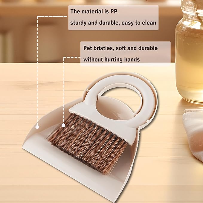 Round Handle Brush and Dustpan Set Small Broom & Dustpan Portable Handheld Sweeper for Desktop Sofa Floor Pet Nest (Off White)