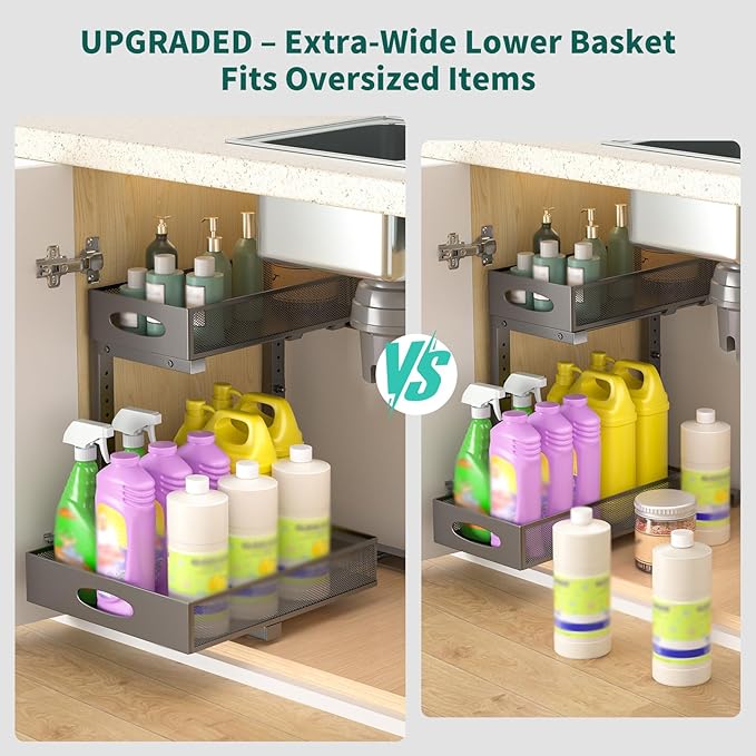 Beleeb Under Sink Organizer, Extra-Wide Upgrade, 1-Pack of 2-Tier Metal Slide Out Cabinet Organizer, Height Adjustable Organization and Storage Series, Bathroom/Cabinet/Kitchen organization, Black