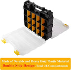 Hardware Organizer Box 34 Compartments Small Parts Organizer with Removable Dividers Durable Plastic Double Side Tools Box Screw Organizer For Nuts, Bolts, Screws, Nails, Small Hardware (Yellow)