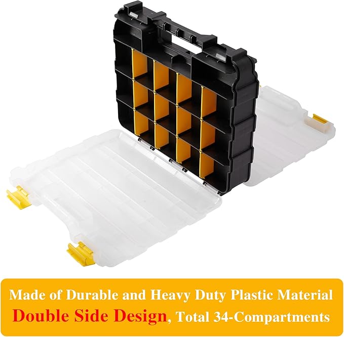Hardware Organizer Box 34 Compartments Small Parts Organizer with Removable Dividers Durable Plastic Double Side Tools Box Screw Organizer For Nuts, Bolts, Screws, Nails, Small Hardware (Yellow)