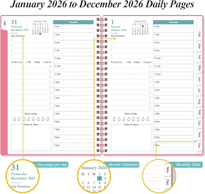 Daily Planner 2026 Full Page Per Day- 2026 Daily & Monthly Planner from January 2026 to December 2026, Day Planner 2026 with 12 Months Tabs, 6.4" x 8,5", Pink