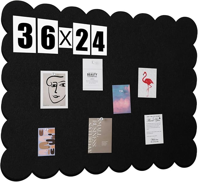 Mooliwe Scalloped Felt Bulletin Board 36 x 24 Inches Foldable Black Pin Cork Board Alternative for Wall, 3' x 2' Trifold Picture Vision Self Adhesive Bulletin Decorative