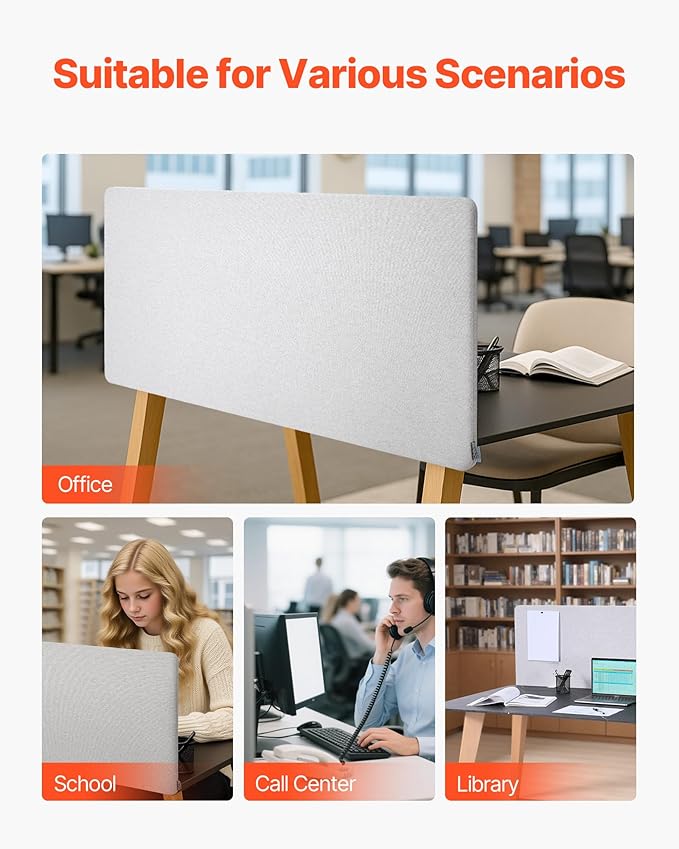 VEVOR Desk Divider Privacy Panel, 60" x 24" Clamp-on Office Desk Partition, PET Cubicle Partition Panel, Workstation Privacy Divider with 2 C-Type Clamps for Office, Sturdy Room, Library