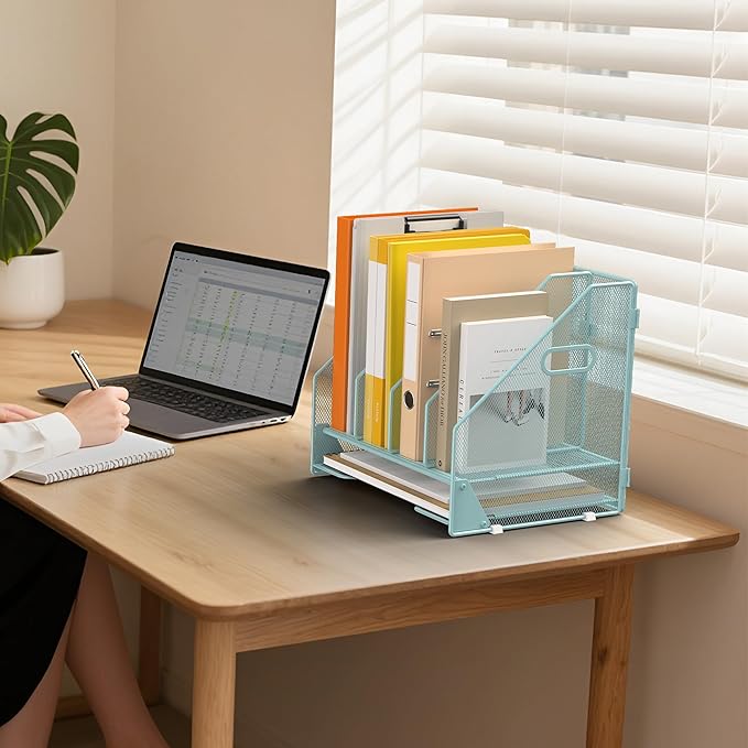 OrgMate Desk File Folder Holder Organizer-4 Vertical Compartments Racks and Paper Letter Tray,Mesh Magazine File Holder Sorter,Desktop Accessories & Workspace Organizers for Home,Office,School-Blue