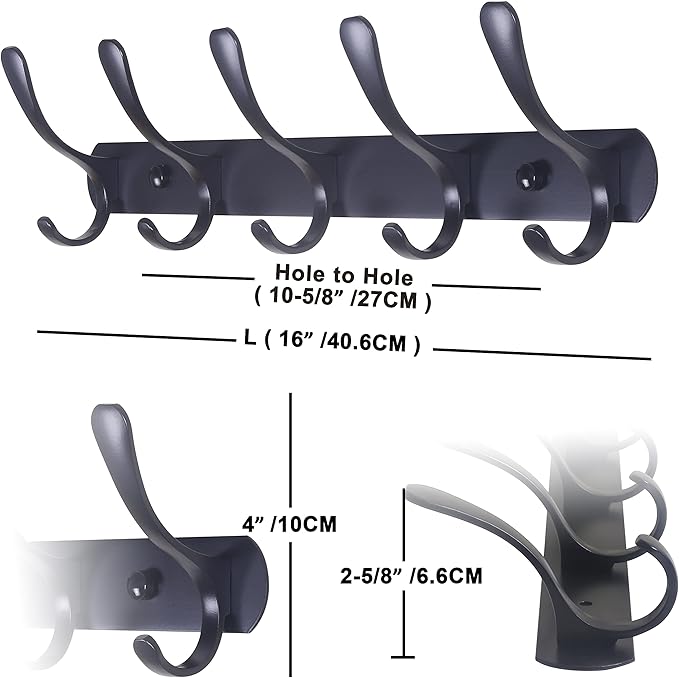 SKOLOO Coat Rack Wall Mount - Modern, Metal Wall Coat Rack with 5 Hooks, Sturdy Wall Hook Rack Rail for Hanging Coat, Jacket, Clothes, Hat, Matte Black