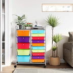 HAPPYGRILL 15-Drawer Rolling Cart, Storage Carts with Removable Drawers & Steel Frame, Utility Cart on Lockable Wheels for Home, School, Office,Multicolorful