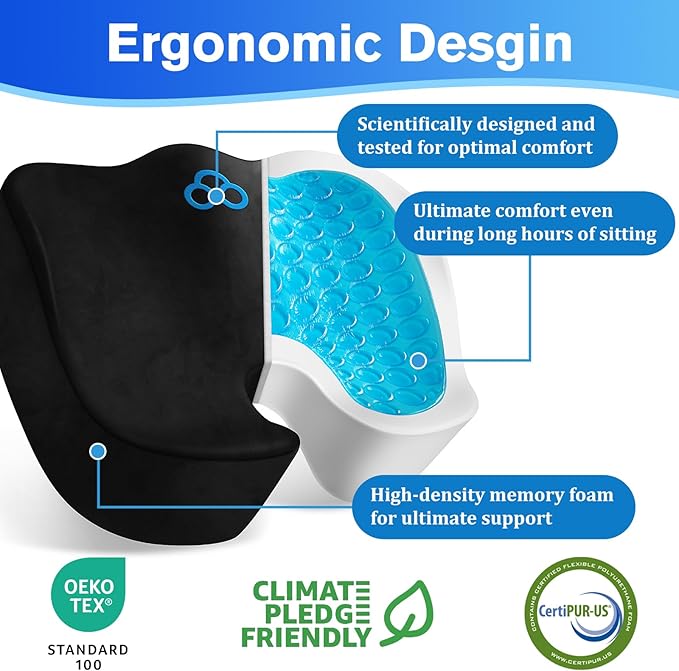 CushyOasis Seat Cushion, Gel Chair Cushions, Office Chair Cushions, Anti-Slip Bottom & Removable Cover Tailbone Pain Relief Cushion, Memory Foam Seat Cushion for Office, Wheelchair, Car (Black)