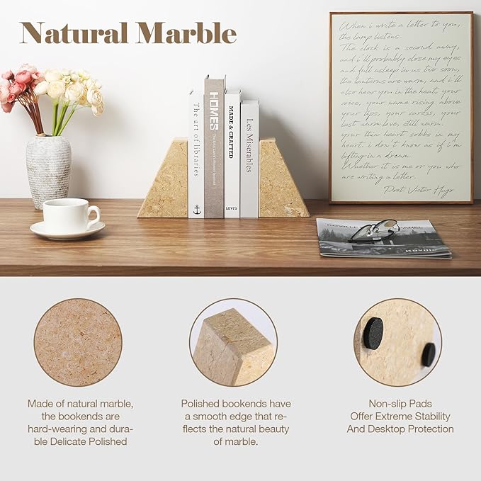 Karibiber Marble Bookend for Heavy Books, Decorative Bookends for Shelves, Durable and Heavy-Duty Book End for Hardback Book & CDS, Unique Book Stopper & Holder, Pearlly Yellow, Set of 2