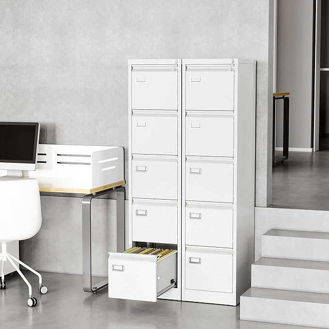 Fesbos File Cabinets - 5 Drawers Vertical 17.8" Deep Lockable Filing Cabinet - White Metal Storage Cabinets for Home Office to Hanging Files Letter/Legal/F4/A4 Size