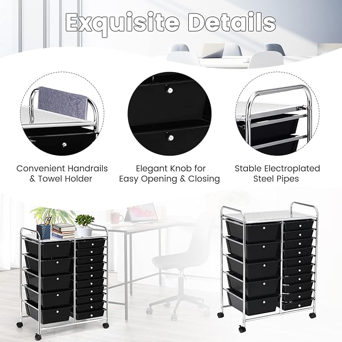 GLACER 15 Drawers Rolling Cart, Storage Cart with w/Removable Drawers & Steel Frame, Multipurpose Organizer Cart w/Sleek Handle, Utility Cart on Lockable Wheels for Home, School, Office (Black)