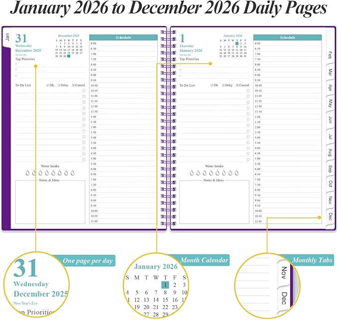 Daily Planner 2026 Full Page Per Day- 2026 Daily & Monthly Planner from January 2026 to December 2026, Day Planner 2026 with 12 Months Tabs, 8.5" x 11", Purple