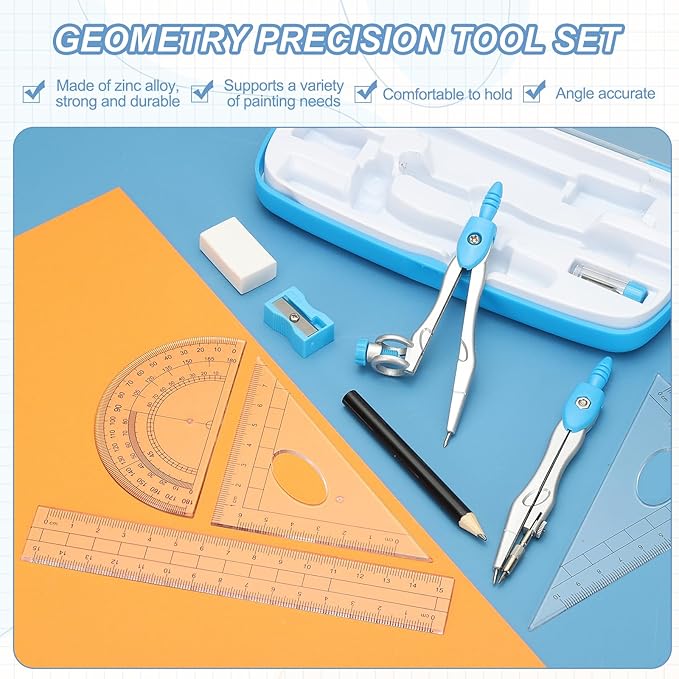 PATIKIL Geometry Precision Tool Set, 11 Pcs Geometry Set Compass Tool with Shatterproof Storage Box Rulers Math Compass Kit for Math Drafting Supplies, Yellow Green(Style 2)