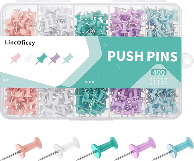 LincOficey 400pcs Push Pins, Colored Thumb Tacks for Cork Board, Bulletin Board and Foam Boards (Multicolor)