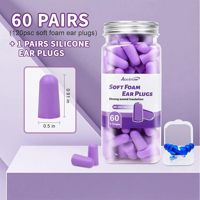 Aoutrow 60 Pairs Soft Foam Ear Plugs, 38dB SNR Slow Rebound Ear Plugs for Sleeping Noise Cancelling, Noise Reduction, Work, Swimming, Shooting, Studying, Purple