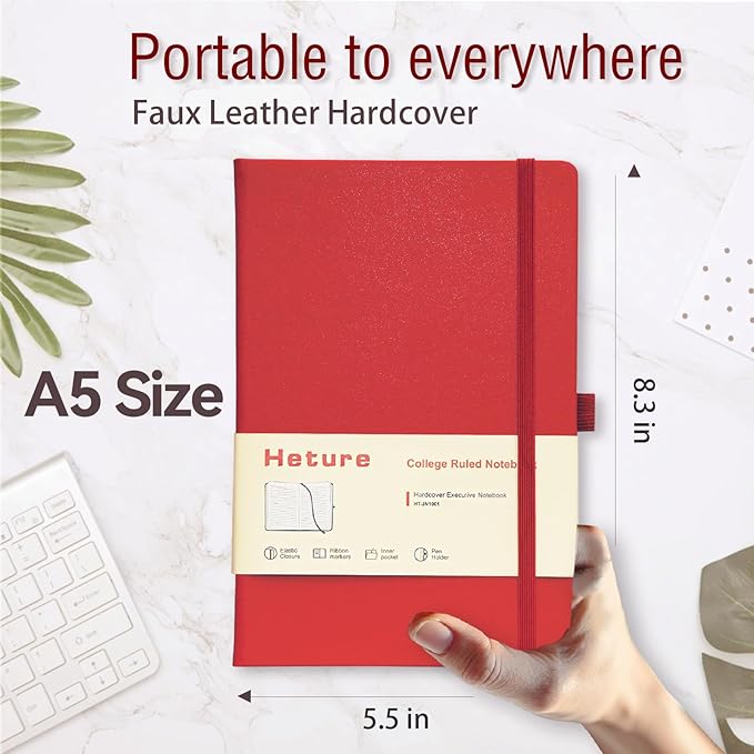 Heture Hardcover Notebooks, A5 Lined Journals Notebook for Writing 160 Pages, 8.2 x 5.5 inch, Classic Ruled Notebooks for College/Work/Travel(Red 3Pack)
