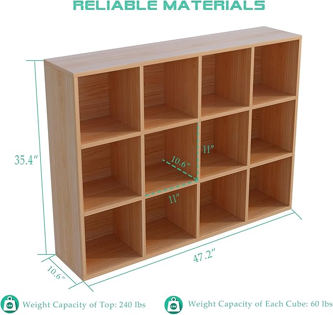 OSCHF 12-Cube Storage Shelf Bookcase - Wooden 3-Tier Floor Standing Open Bookshelf for Home and Office, Display Cabinet, Oak