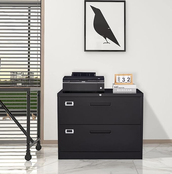 MIIIKO Lateral File Cabinet 2 Drawer, Black Metal File Cabinet with Lock, 35.4" Wide Drawers Storage File Cabinet for Hanging Files Folders Letter/Legal/A4 Size