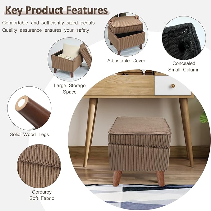 FAGAGA Storage Ottoman with Adjustable Lid, Soft Step Stool, Footrest and Seat, Ottoman Foot Rest for Living Room, Bedroom, Dorm, Brown