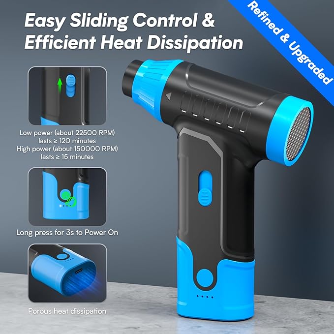 Electric Compressed Air Duster - Electric Air Duster for PC, Rechargeable Mini Blower 150,000 RPM Cordless Vacuum for Cleaning Keyboards, Computers and Cars (Blue)