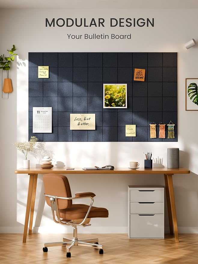 Bumusty Large Cork Board Alternative-36 x24 Felt Bulletin Board Tiles, with 30 Pushpins, 40 Adhesive Tabs, 6-Pack Slat Wall Paneling, Cork Boards for Office Push Pin Felt Board-Deep Charcoal Blue