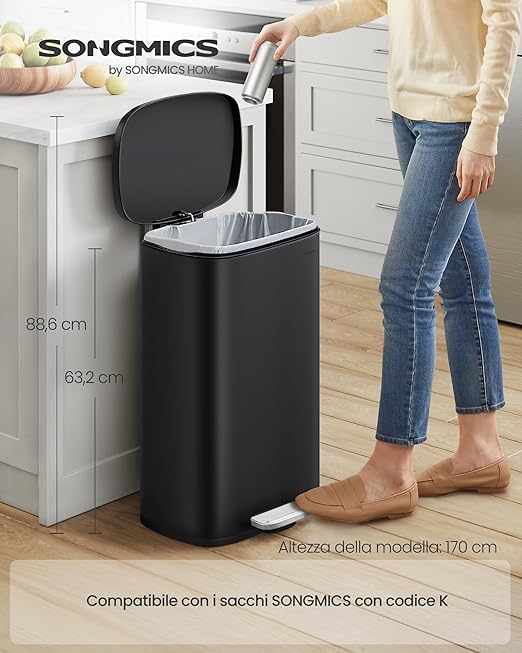 SONGMICS 13 Gallon (50 L) Trash Can, Stainless Steel Kitchen Garbage Can, Recycling or Waste Bin, Soft Close, Step-On Pedal, Removable Inner Bucket, Black ULTB050B01