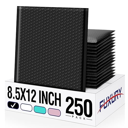 Fuxury 250Pack Black Bubble Mailers 8.5x12" Medium Opaque Bubble Envelopes Strong Adhesion Padded Mailer Thick Padded Envelopes Mailers for Small Business Mailing Books Clothes Makeup Supplies