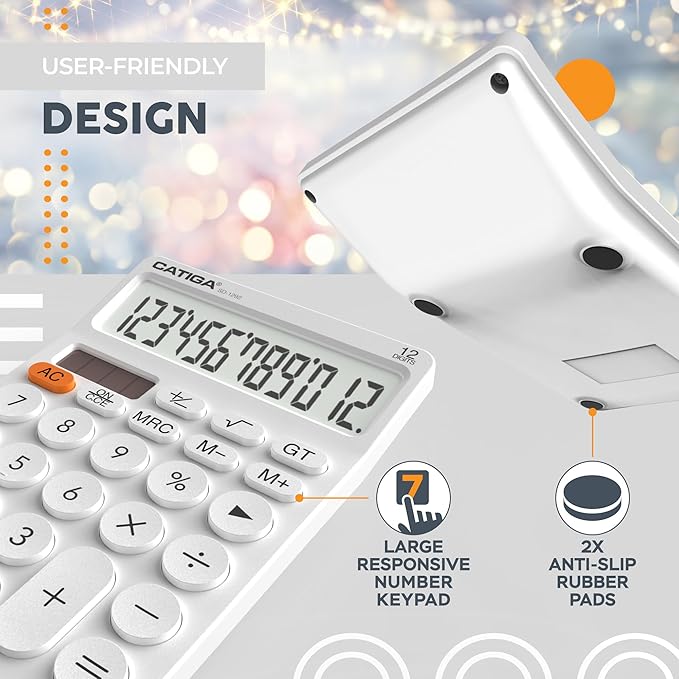 CATIGA 12 Digit Desktop Calculator Basic Desk Calculator with Large LCD Display, Big Buttons, 4 Function, Solar and Battery Dual Power, for Office, School, Home, SD-1292 White