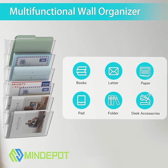 MINDEPOT 6 Pockets Acrylic Wall File Organizer, Clear Wall File Holder, Plastic Hanging Wall File Holder for Office, School and Home, Clear