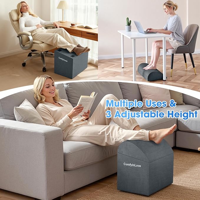 ComfyInLove Foot Rest for Under Desk at Work - Non-Slip Foot Stool with 3 Adjustable Heights, Ergonomic Under Desk Footrest with Washable Cover for Desk, Home, Office, Car (Dark Grey)