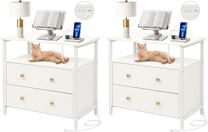 Edbuosy 27 inch Wide Night Stand Set 2 with Charging Station, Bedside Table with Open Shelf, 2 Drawers Small Wood Dresser, Modern Wood Nightstand for Bedroom/Living Room (White)