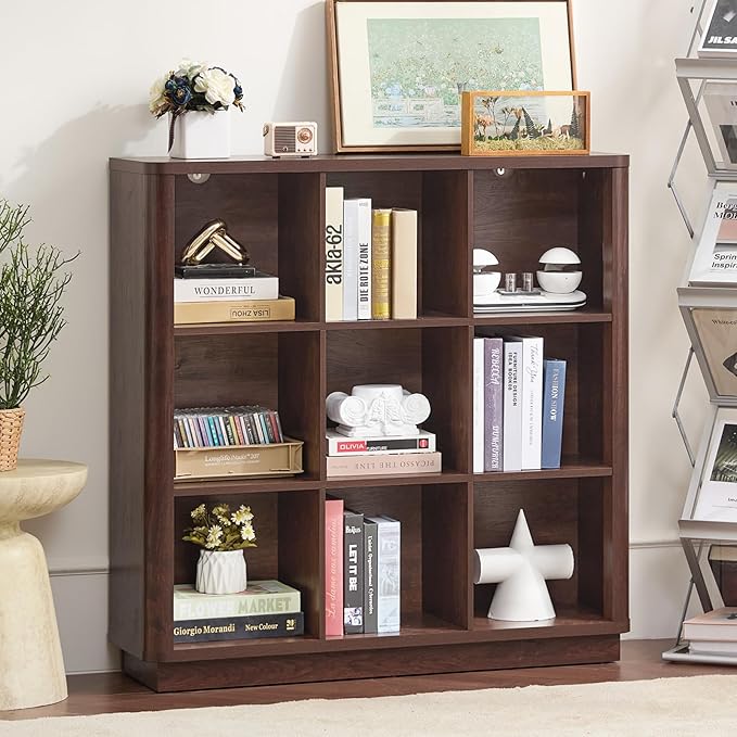 Joaxswe 9 Cube Bookshelf, 41" Tall Organizer Bookcase with Curved Edge, Wood Floor Standing 3-Tier Cubby Book Shelf with Base, Vinatge Display Storage Cabinet for Living Room, Home Office, Walnut