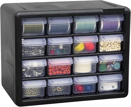 Akro-Mils 16-Drawer Plastic Drawer Storage Cabinet for Garage Organization, Beads, Makeup Organizer, Building Bricks Storage, Teacher Toolbox, 10-1/2" W x 6-1/2" D x 8-1/2" H, 10116 Black